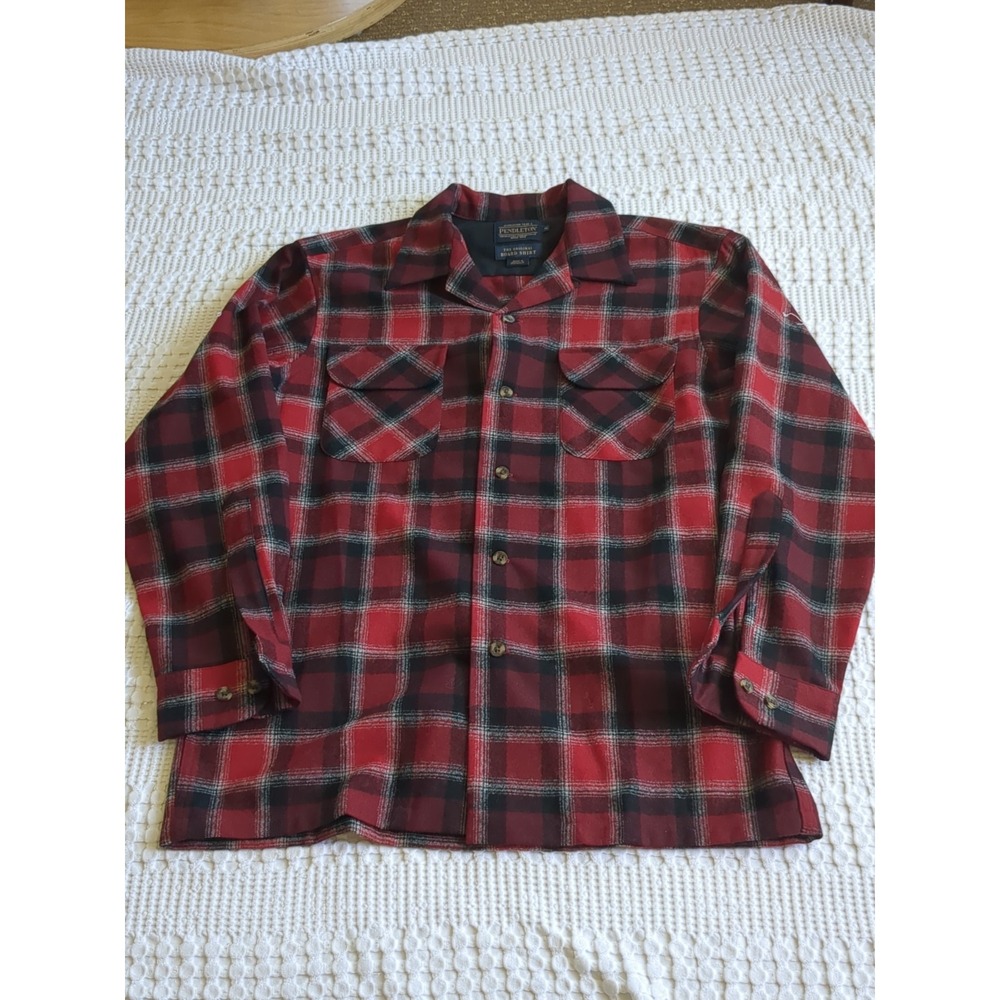 Pendleton Board Shirt Loop Collar Shadow Wool Long Sleeve Plaid Red Black Medium